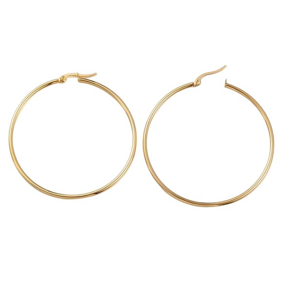 2 Inch 50mm Thin Hoop Pierced Post Earrings Gold Tone 2mm Band - Picture 3 of 4